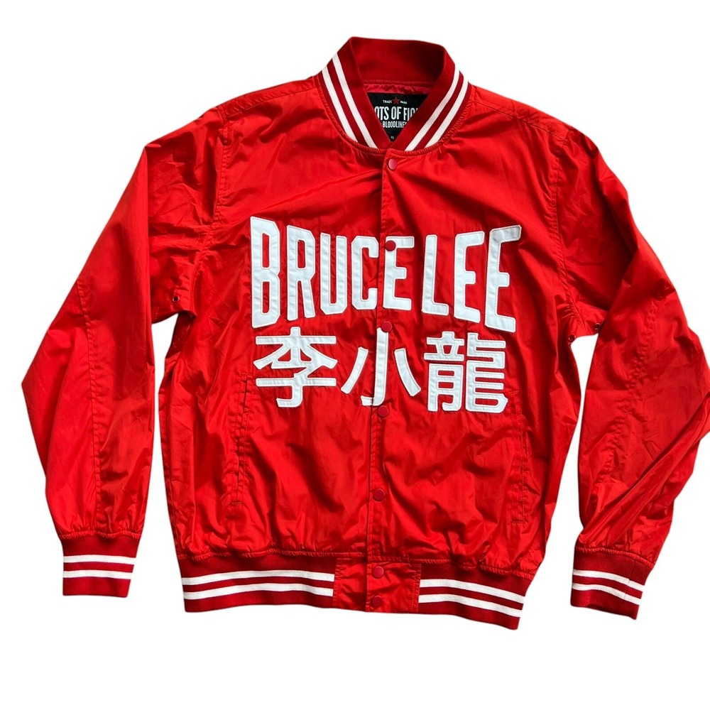 Roots of Fight Bruce Lee Red‎ Stadium Jacket Mens XL Martial Arts Bomber Snap